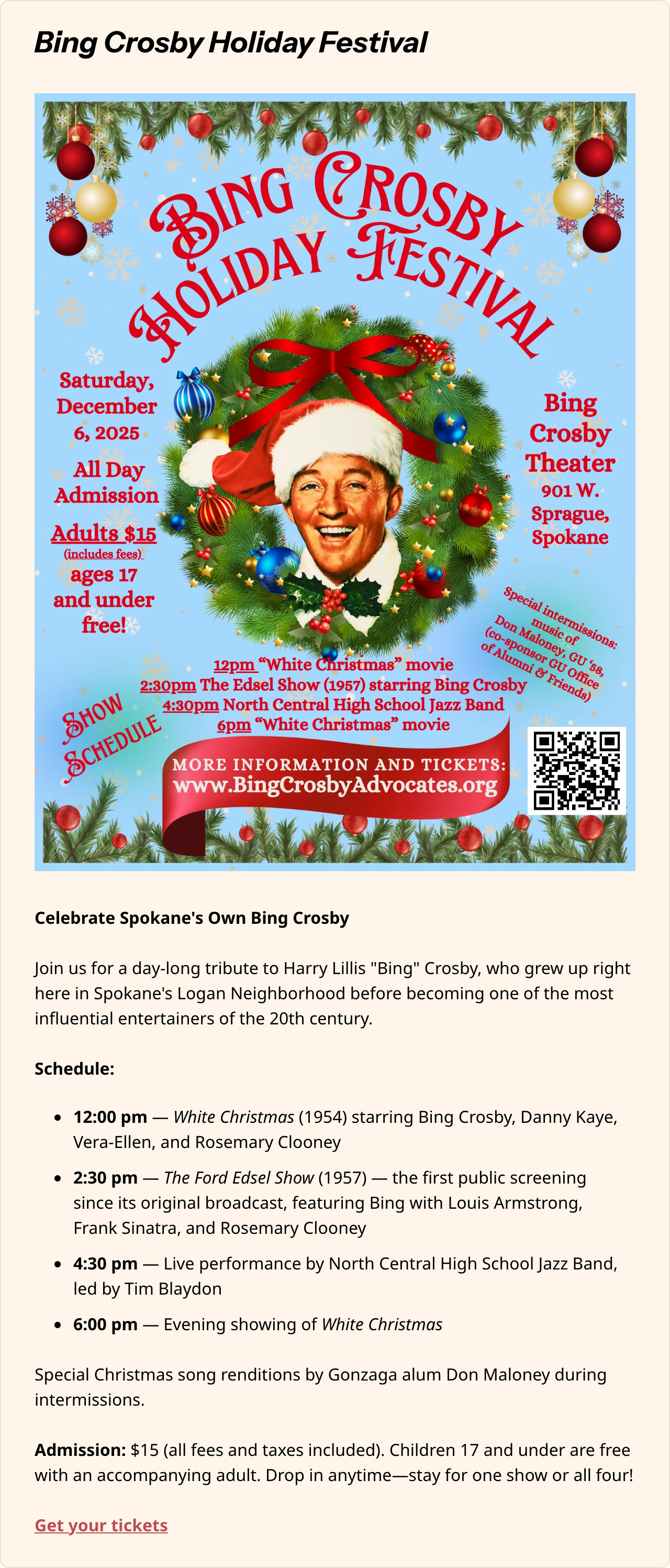 Bing Crosby Theater Featured Placement ad: Holiday Festival promo