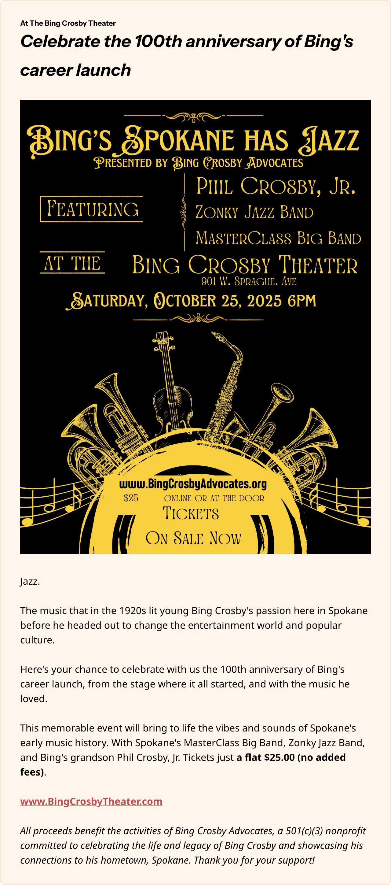 Bing Crosby Theater Featured Placement ad: Spokane Has Jazz concert