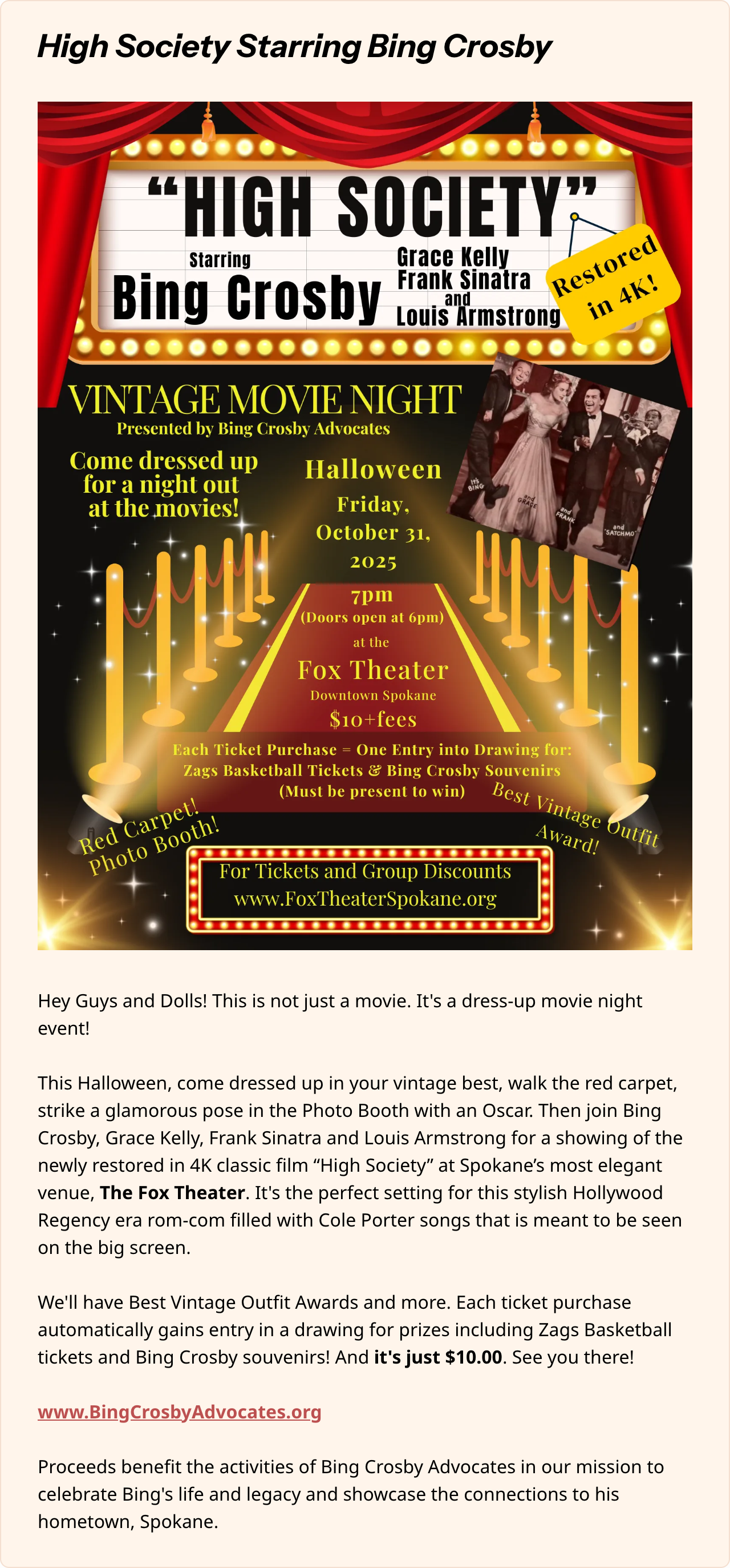 The Fox Theater Featured Placement ad: High Society movie night
