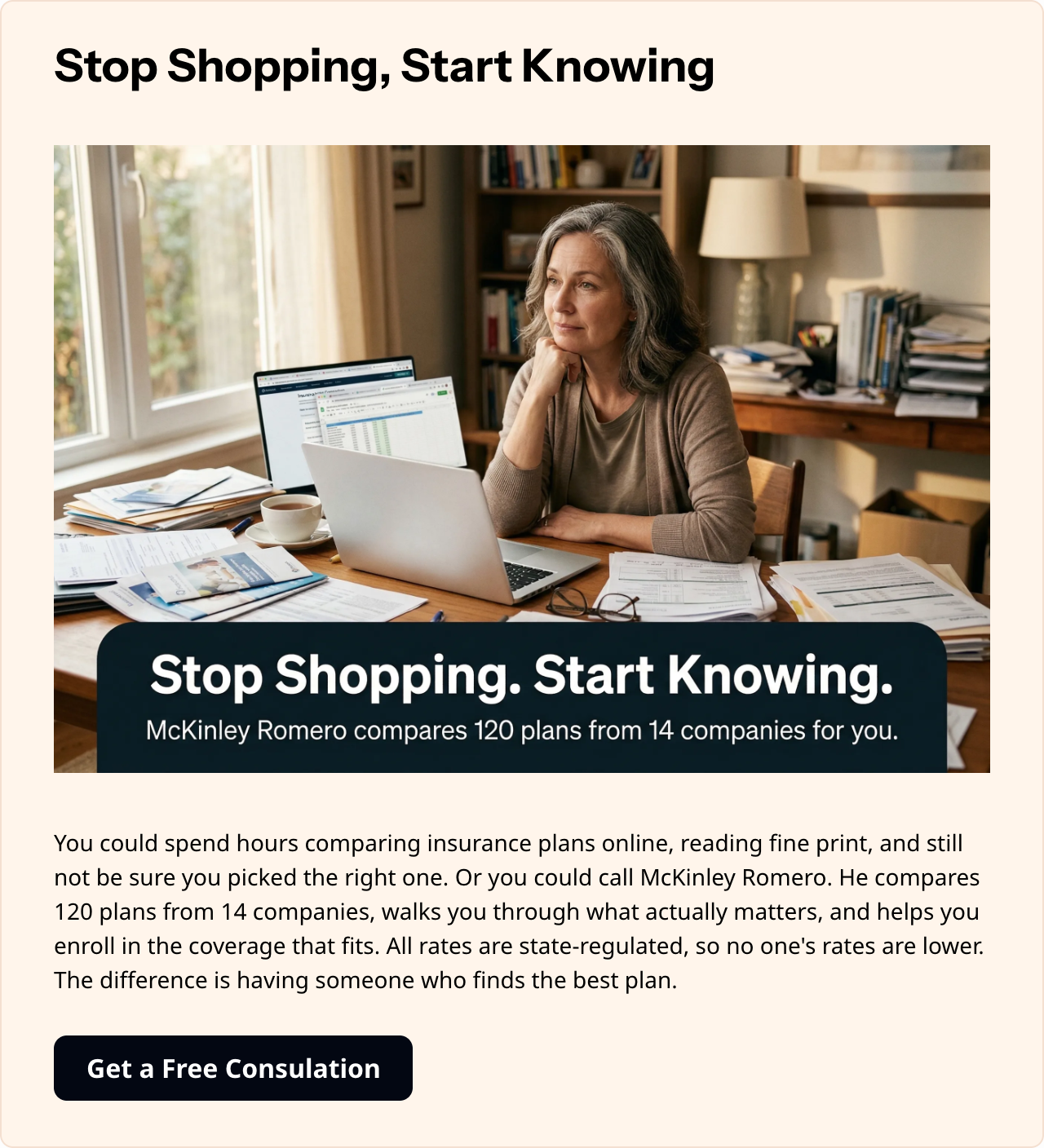 McKinley Romero Insurance Featured Placement ad: Stop Shopping, Start Knowing