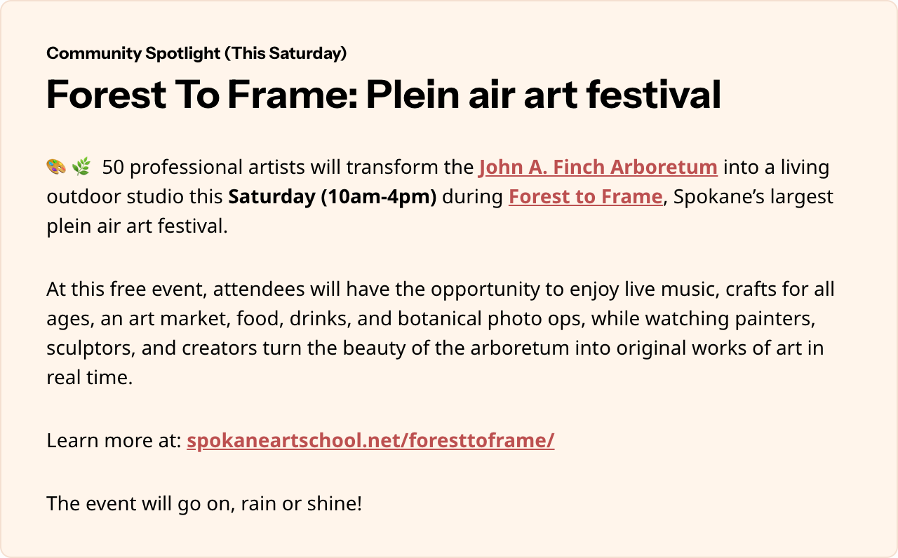 Spokane Art School Community Spotlight ad: Forest to Frame festival